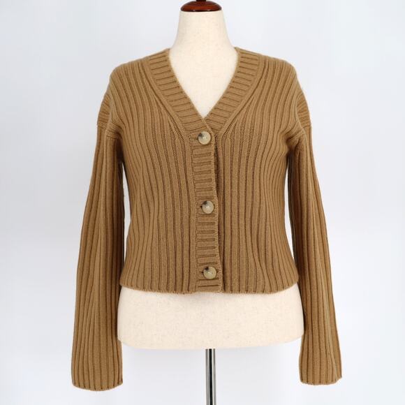 Vince Women Tan Chunky Ribbed Knit Wool & Cashmere Cardigan Sweater Size L - Picture 3 of 6